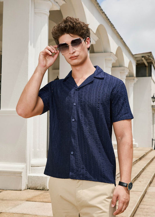Men's Navy Blue Short Sleeve Textured Crochet Resort Shirt