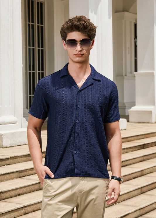 Men's Navy Blue Short Sleeve Textured Crochet Resort Shirt