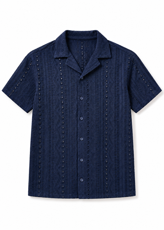 Men's Navy Blue Short Sleeve Textured Crochet Resort Shirt