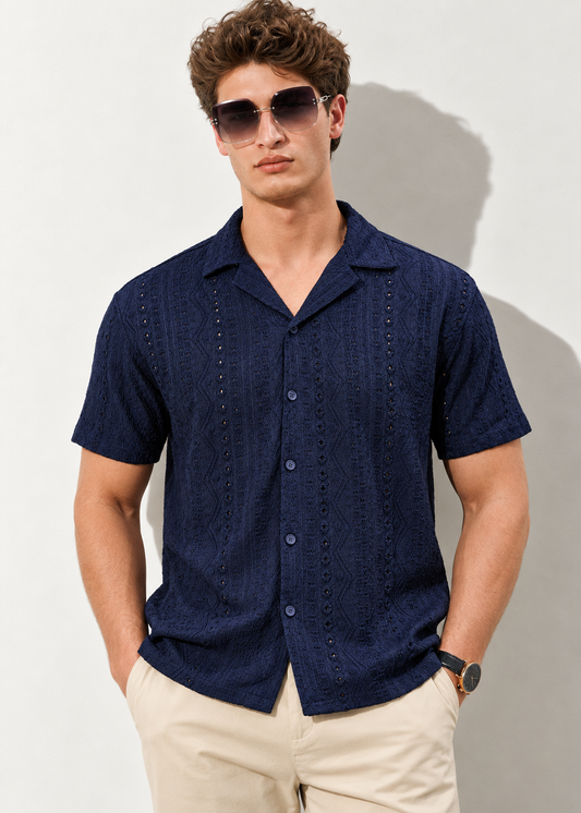 Men's Navy Blue Short Sleeve Textured Crochet Resort Shirt