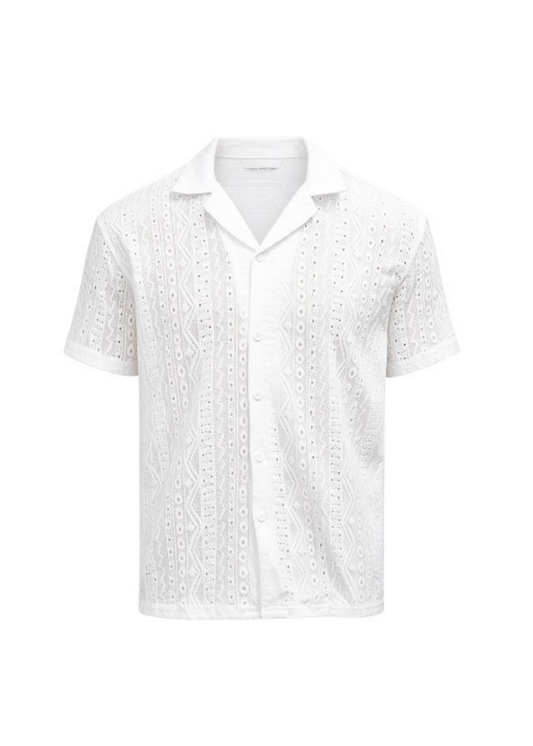 Men's White Short Sleeve Textured Crochet Resort Shirt