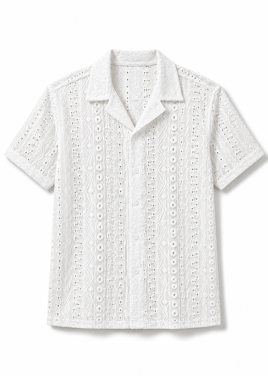 Men's White Short Sleeve Textured Crochet Resort Shirt
