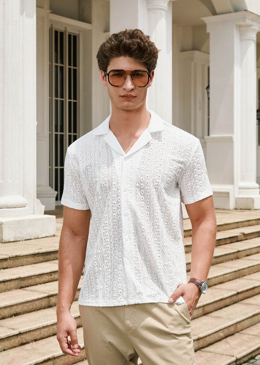 Men's White Short Sleeve Textured Crochet Resort Shirt