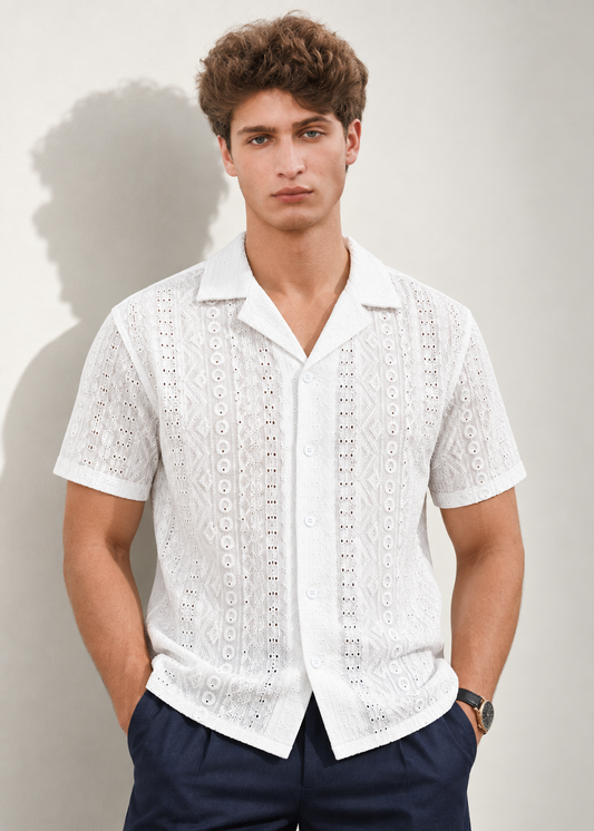 Men's White Short Sleeve Textured Crochet Resort Shirt