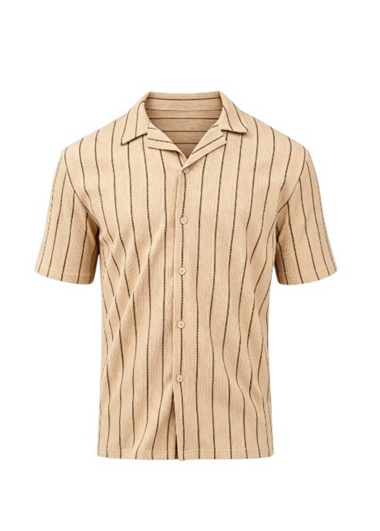 Relaxed Open Collar Plain Black Striped Shirt - Mocha