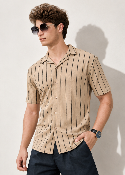 Relaxed Open Collar Plain Black Striped Shirt - Mocha
