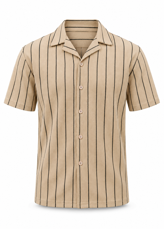Relaxed Open Collar Plain Black Striped Shirt - Mocha