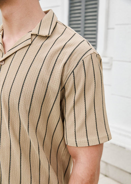 Relaxed Open Collar Plain Black Striped Shirt - Mocha