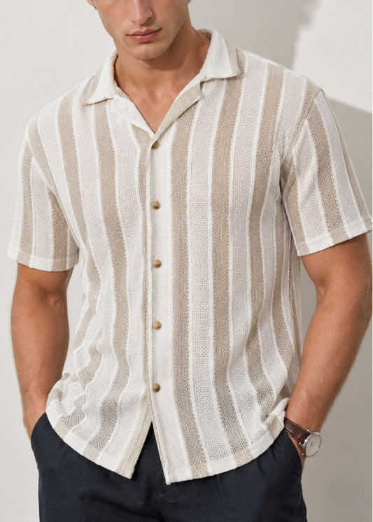 Men's Vertical Striped Polo Shirt - White & Beige