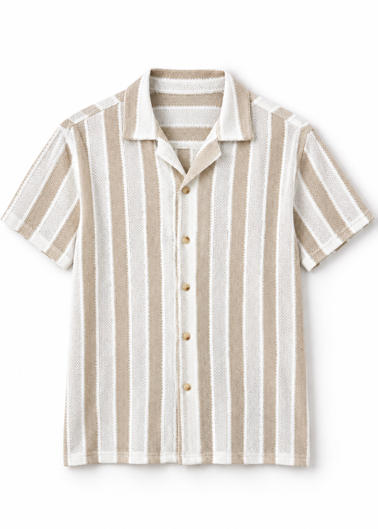 Men's Vertical Striped Polo Shirt - White & Beige