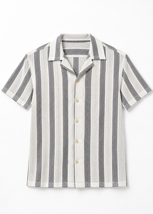 Men's Vertical Striped Polo Shirt - White & Light Blue