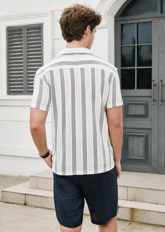 Men's Vertical Striped Polo Shirt - White & Light Blue