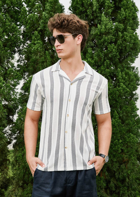 Men's Vertical Striped Polo Shirt - White & Light Blue