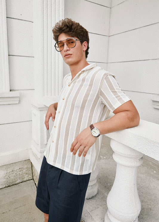Men's Vertical Striped Polo Shirt - White & Beige