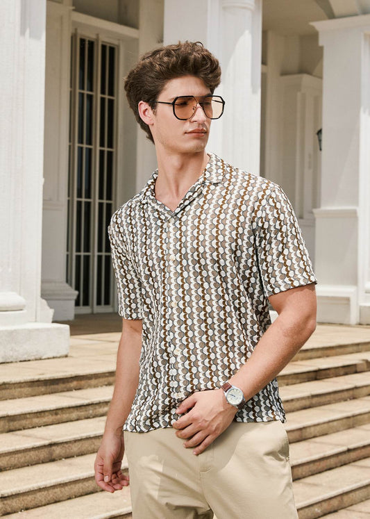 Vintage Style Button Down Flat-Knit Shirt - Multi Geo Print