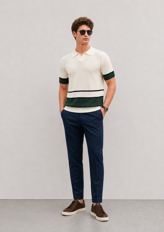 V-Neck Open Collar Knitted Shirt - Beige Black Green