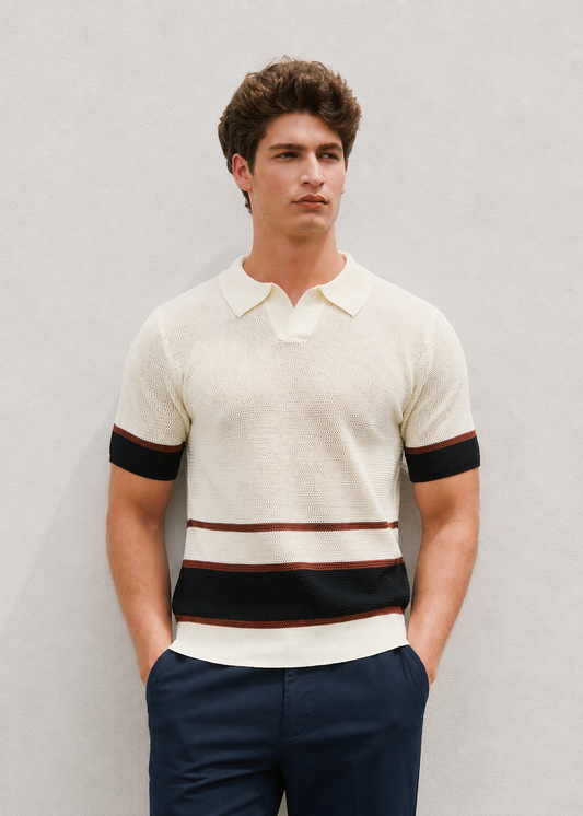 V-Neck Open Collar Knitted Shirt - Beige Mocha Black
