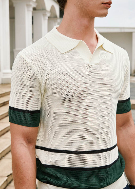 V-Neck Open Collar Knitted Shirt - Beige Black Green