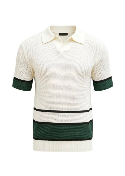 V-Neck Open Collar Knitted Shirt - Beige Black Green