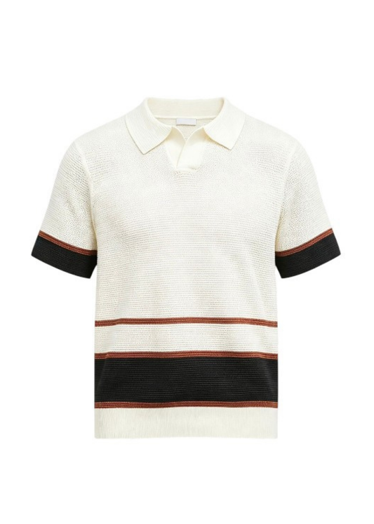 V-Neck Open Collar Knitted Shirt - Beige Mocha Black