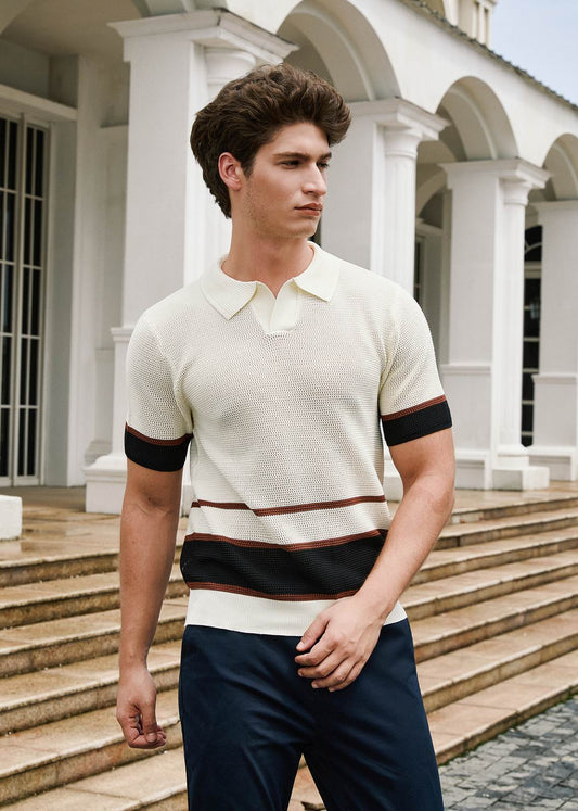 V-Neck Open Collar Knitted Shirt - Beige Mocha Black