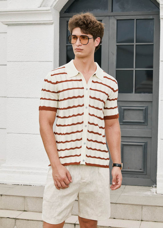 Smart-Casual Button-Down Knitted Top - Beige Stripes Mocha