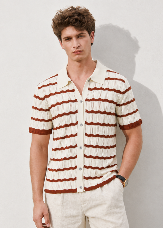 Smart-Casual Button-Down Knitted Top - Beige Stripes Mocha