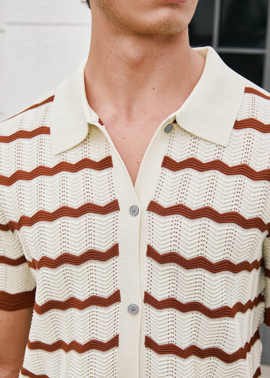 Smart-Casual Button-Down Knitted Top - Beige Stripes Mocha