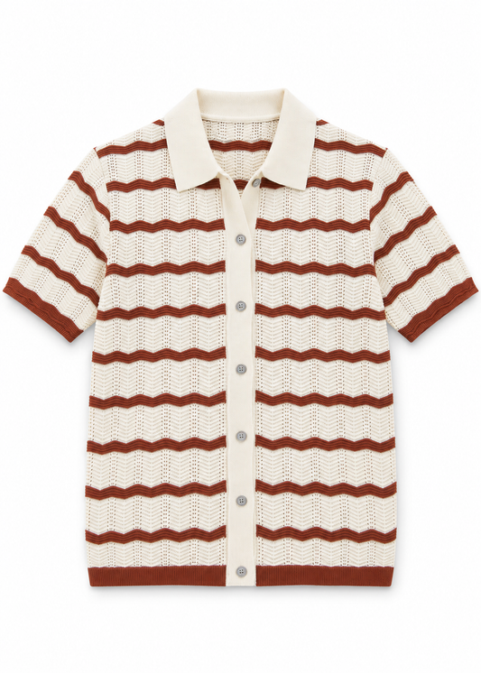 Smart-Casual Button-Down Knitted Top - Beige Stripes Mocha