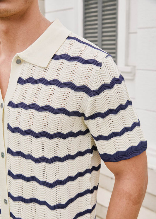 Smart-Casual Button-Down Knitted Top - Beige Stripes Navy