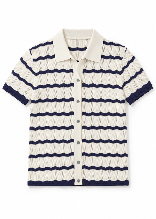 Smart-Casual Button-Down Knitted Top - Beige Stripes Navy
