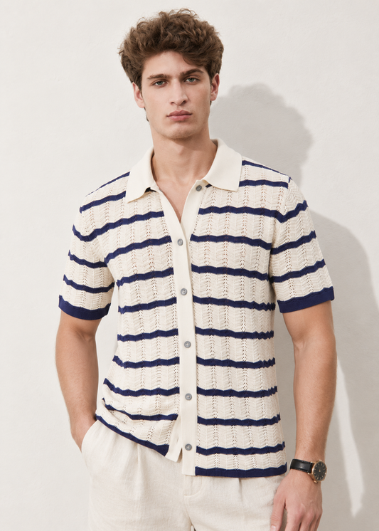 Smart-Casual Button-Down Knitted Top - Beige Stripes Navy