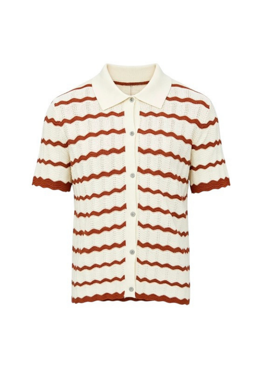 Smart-Casual Button-Down Knitted Top - Beige Stripes Mocha