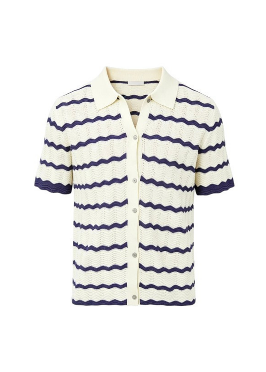 Smart-Casual Button-Down Knitted Top - Beige Stripes Navy