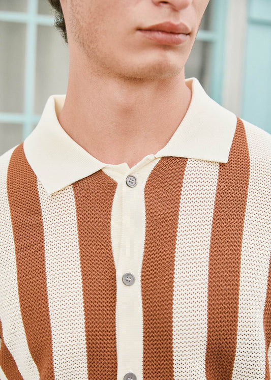 Textured Fine-Knit Vertical Stripe Polo Shirt - Beige & Mocha