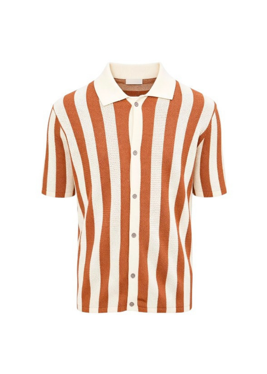Textured Fine-Knit Vertical Stripe Polo Shirt - Beige & Mocha