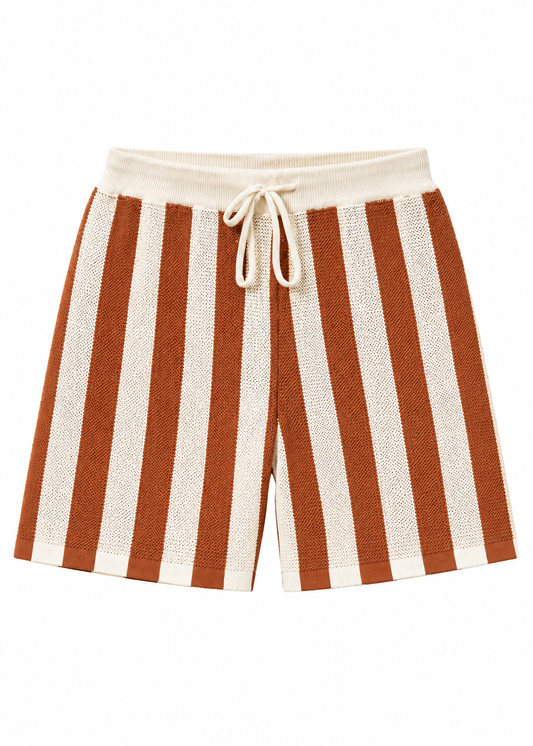Textured Fine-Knit Vertical Stripe Shorts - Beige & Mocha