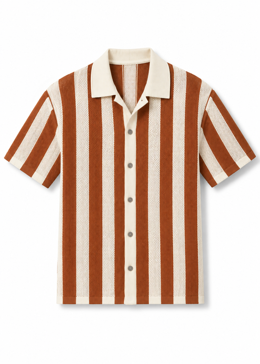 Textured Fine-Knit Vertical Stripe Polo Shirt - Beige & Mocha