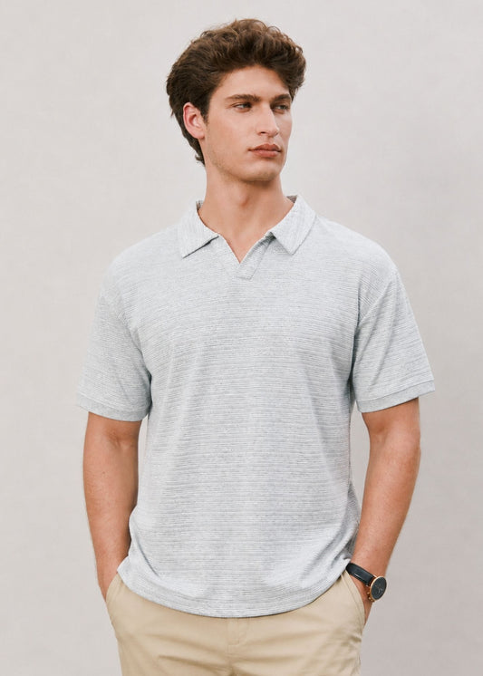 Open Collar Fine Knit Polo Shirt - Grey