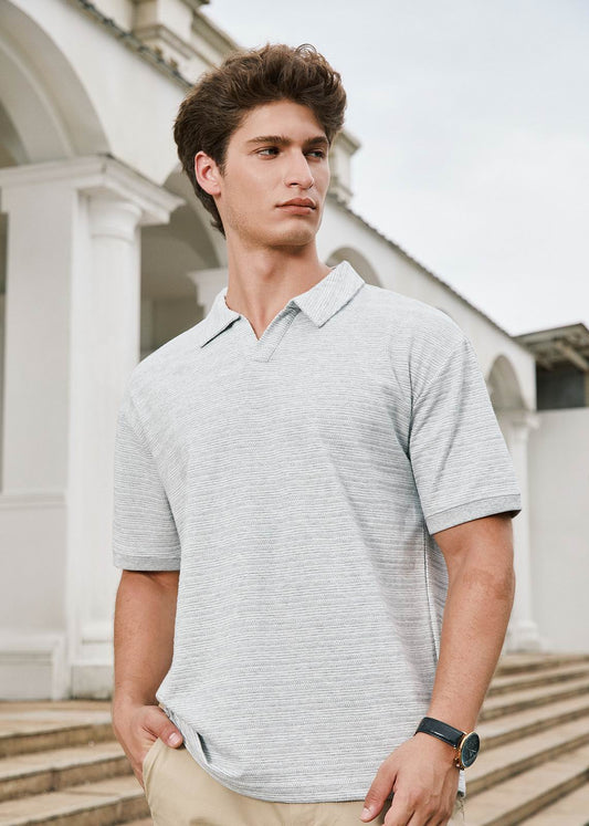 Open Collar Fine Knit Polo Shirt - Grey