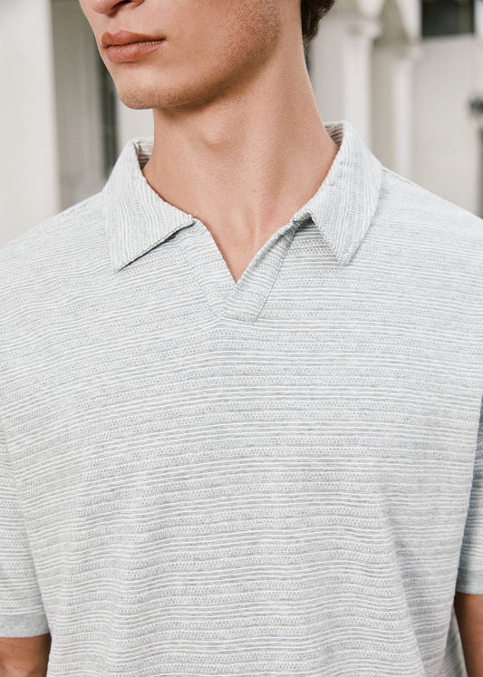 Open Collar Fine Knit Polo Shirt - Grey