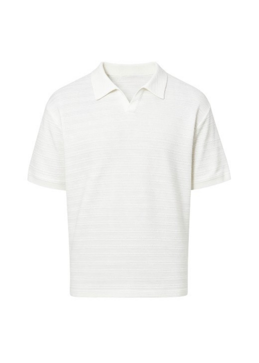 Open Collar Fine Knit Polo Shirt - White
