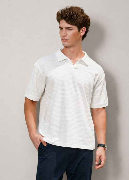 Open Collar Fine Knit Polo Shirt - White