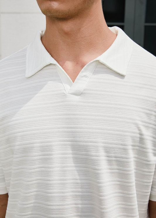 Open Collar Fine Knit Polo Shirt - White