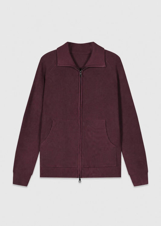Ribbed Zip Through Knitted Cardigan in Burgundy