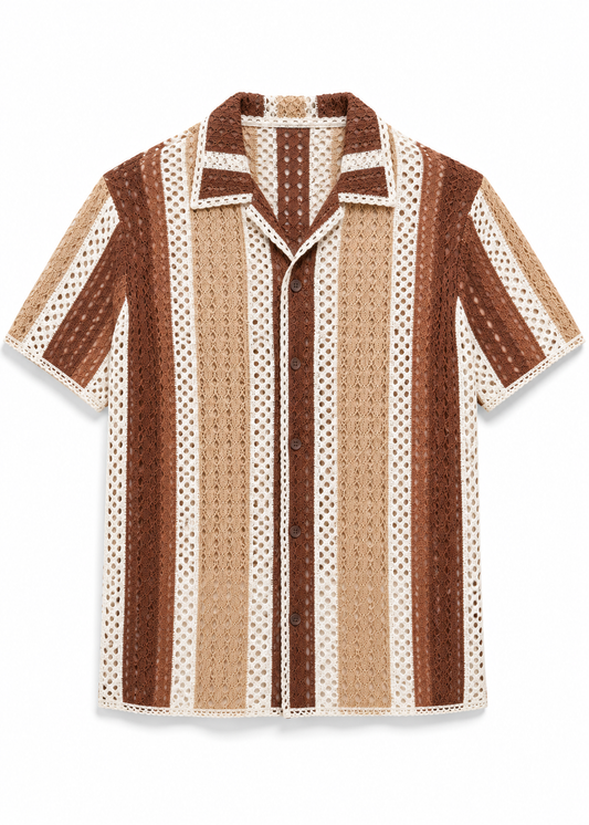 Cotton Knit Striped Resort Shirt - Beige & Mocha