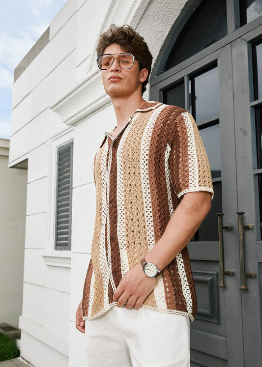 Cotton Knit Striped Resort Shirt - Beige & Mocha