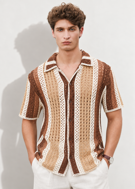 Cotton Knit Striped Resort Shirt - Beige & Mocha