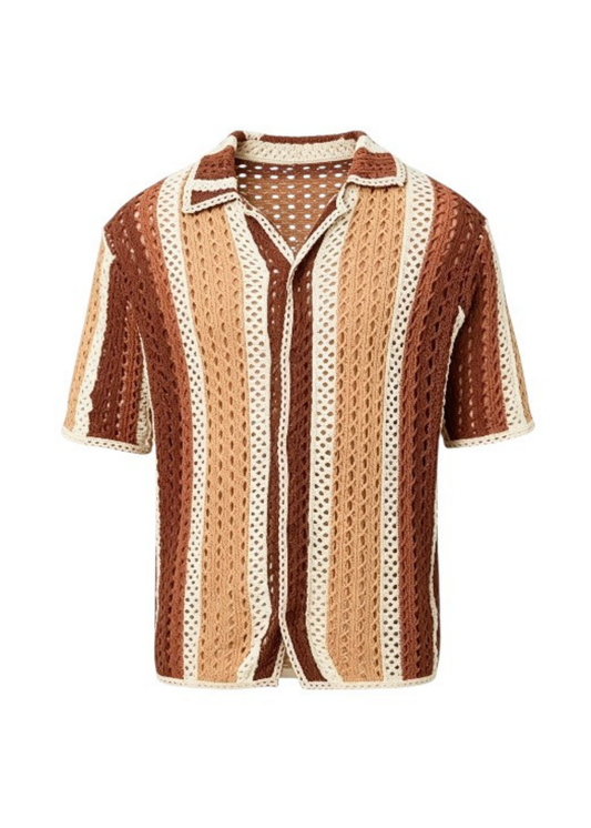 Cotton Knit Striped Resort Shirt - Beige & Mocha