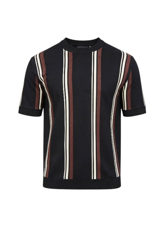 Short Sleeve Crew Neck Block Stripe Top in Black & Brown